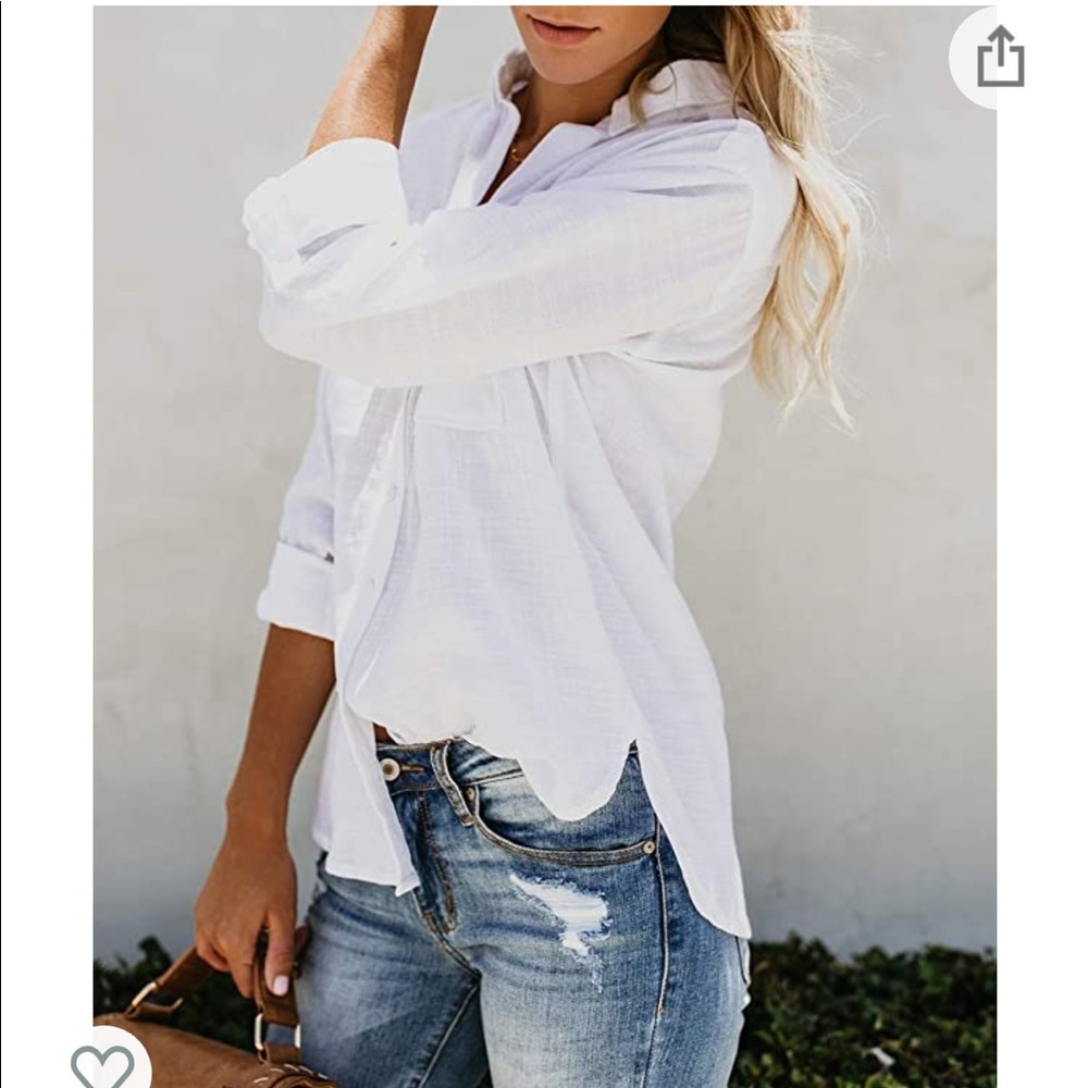 Button Up White Cuffed Sleeve Collared Blouse